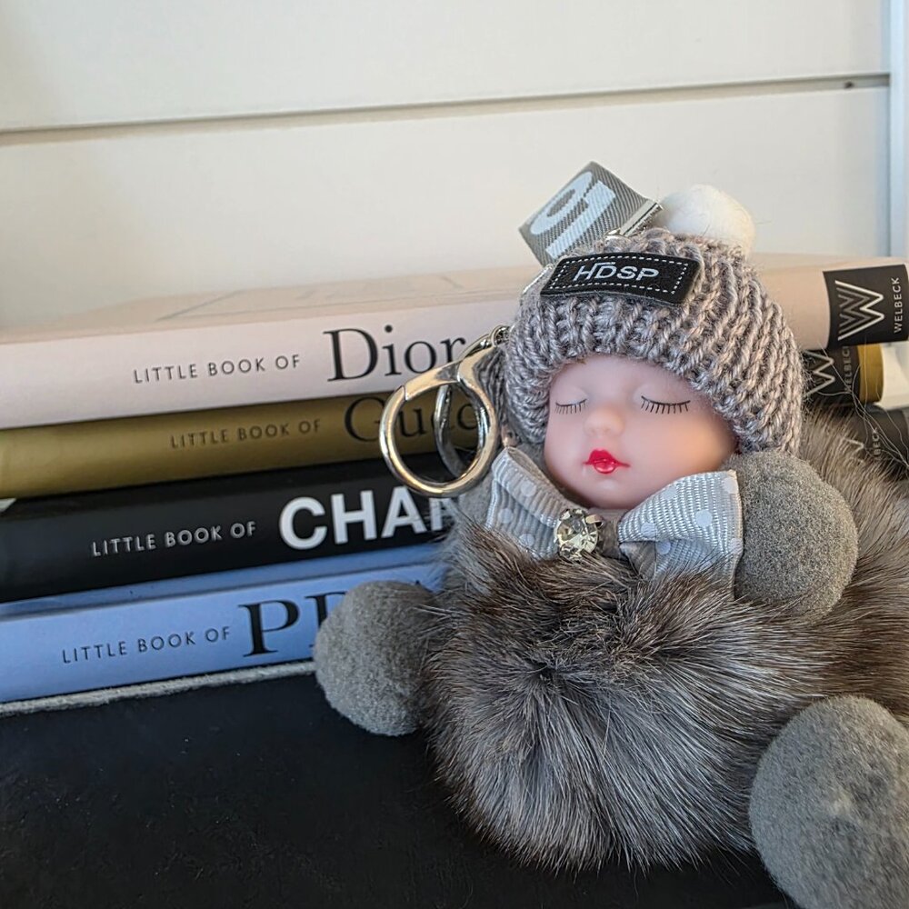 Cute Baby Sleeping Keychain with LOVE tag, Plush rabbit fur, Bag Charm